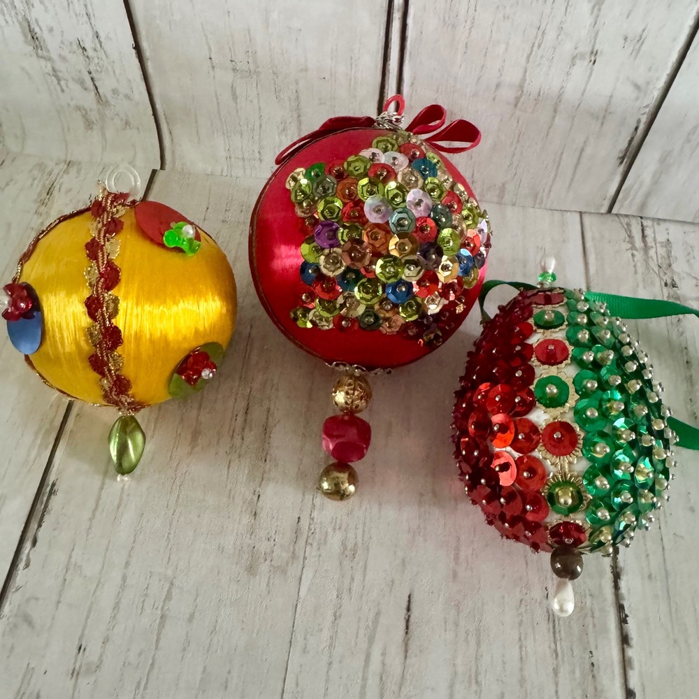Vintage Handmade Push Pin Sequin Satin Christmas Ornaments Set of 3 Kitschy MCM